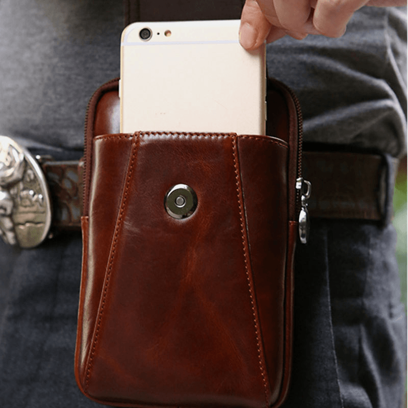 Men Genuine Leather 6 Inch Phone Bag Belt Bag Waist Bag for Business - MRSLM