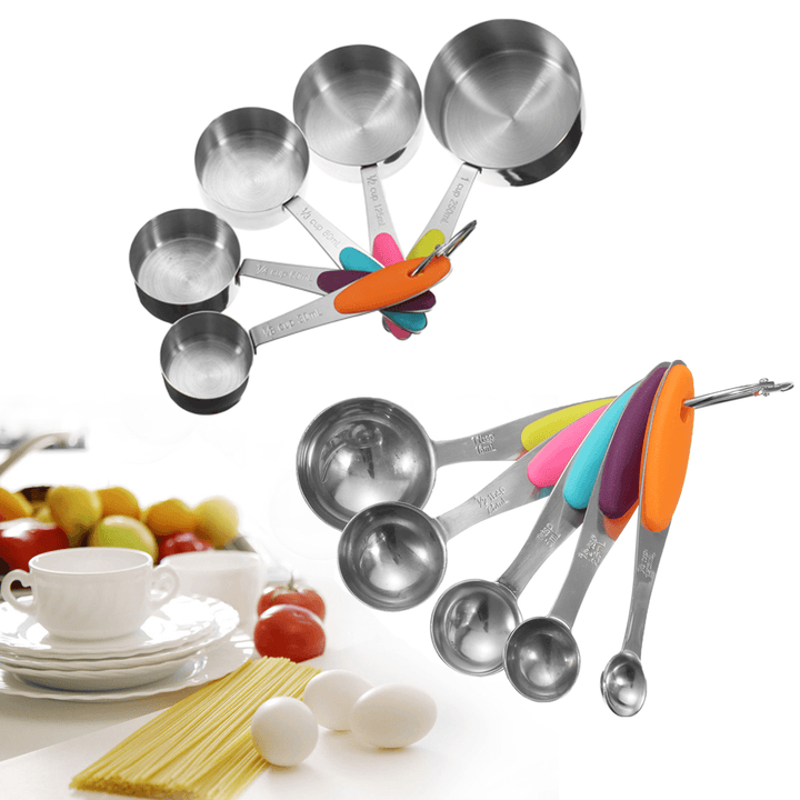 10Pcs Stainless Steel Measuring Cups & Spoons Tea Spoon Set Kitchen Tool - MRSLM