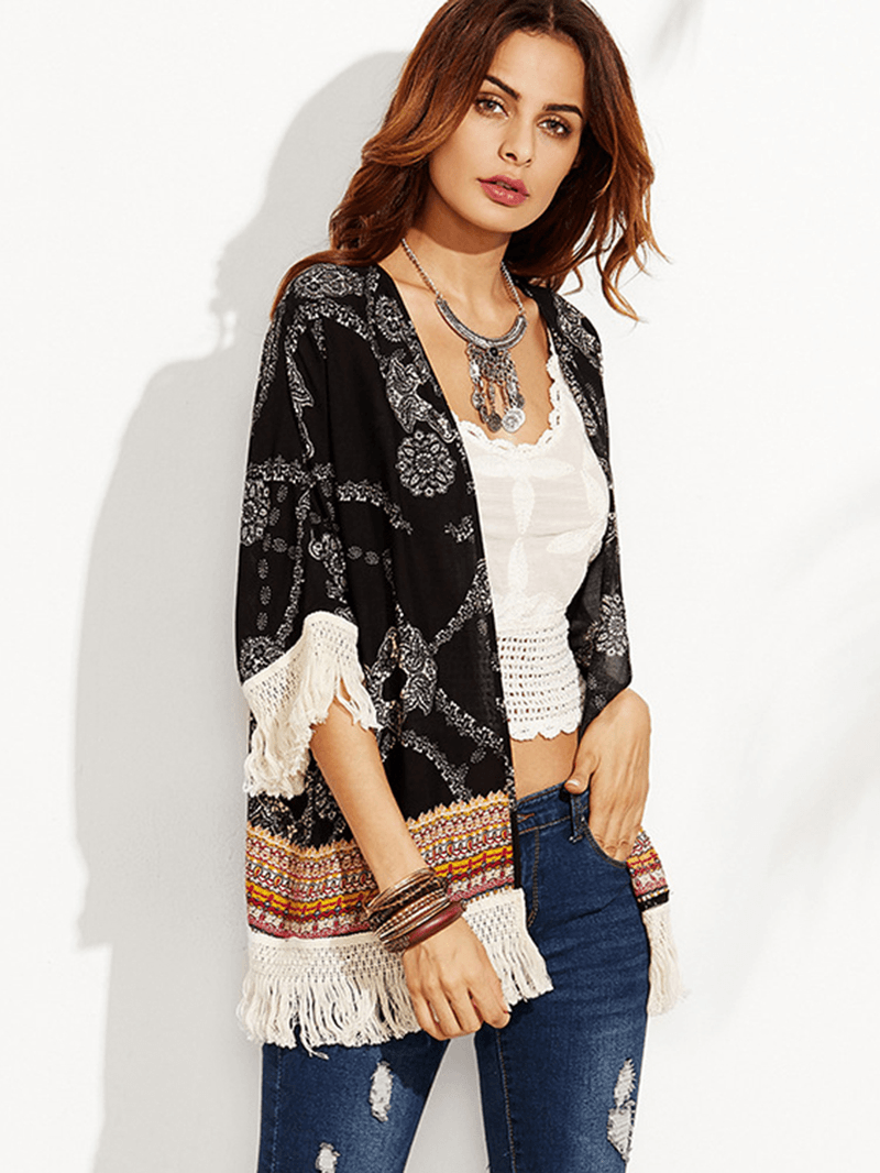 Black Floral Print Tassel Patchwork Loose Beach Summer Cardigans - MRSLM