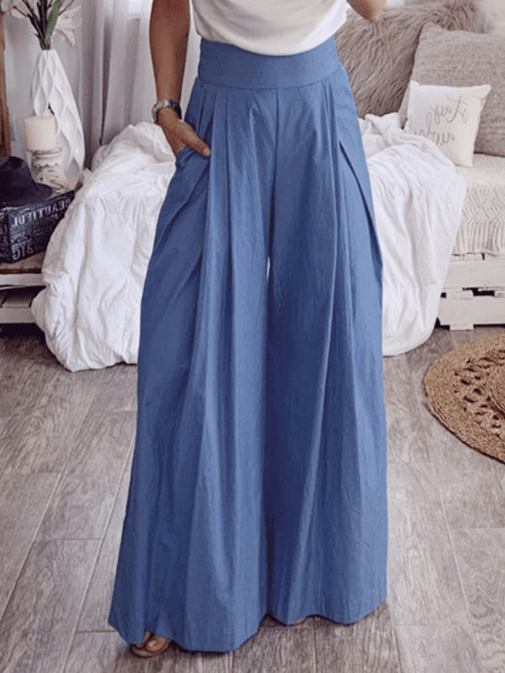 Women High Waist Trousers Casual Loose Wide Leg Pants with Pockets - MRSLM