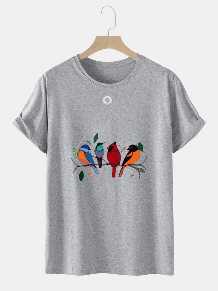 Mens 100% Cotton Colorful Bird Print round Neck T-Shirt - MRSLM