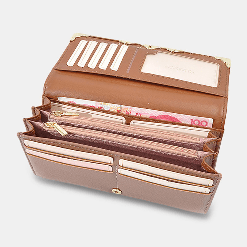 Women Metal Trim Buckle Decor Long Purse 6.5 Inch Wallet Large Capacity Multi-Card Slot Card Holder Coin Purse - MRSLM