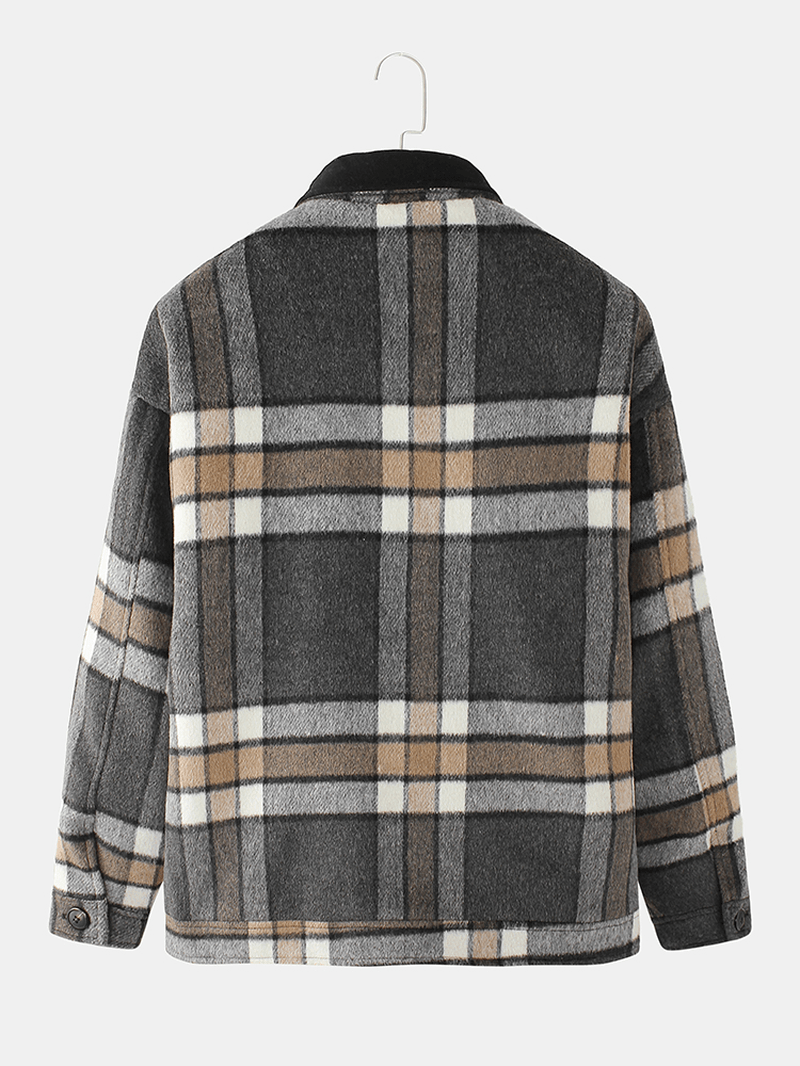 Mens Design Plaid Thicken Long Sleeve Warm Duffle Jacket with Pocket - MRSLM