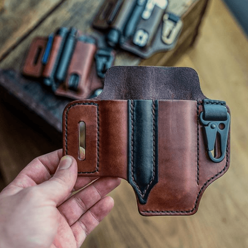 Men EDC Genuine Leather Multitool Flashlight Key Pen Organizer Gear Waist Belt Bag - MRSLM