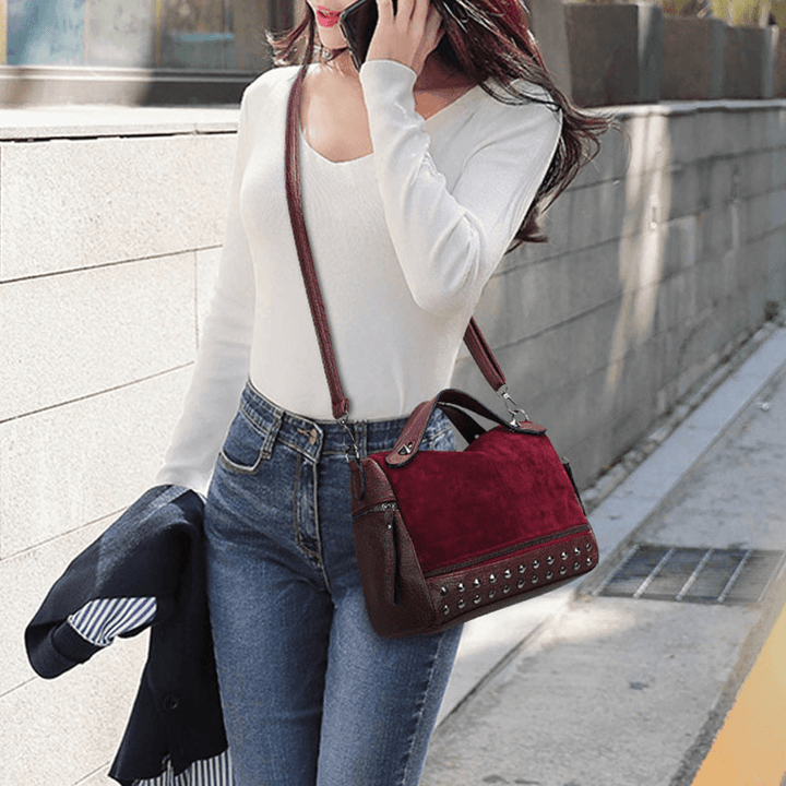 Women Rivet Vintage PU Leather Multifunction Tote Crossbody Bag Shoulder Bag Handbag - MRSLM
