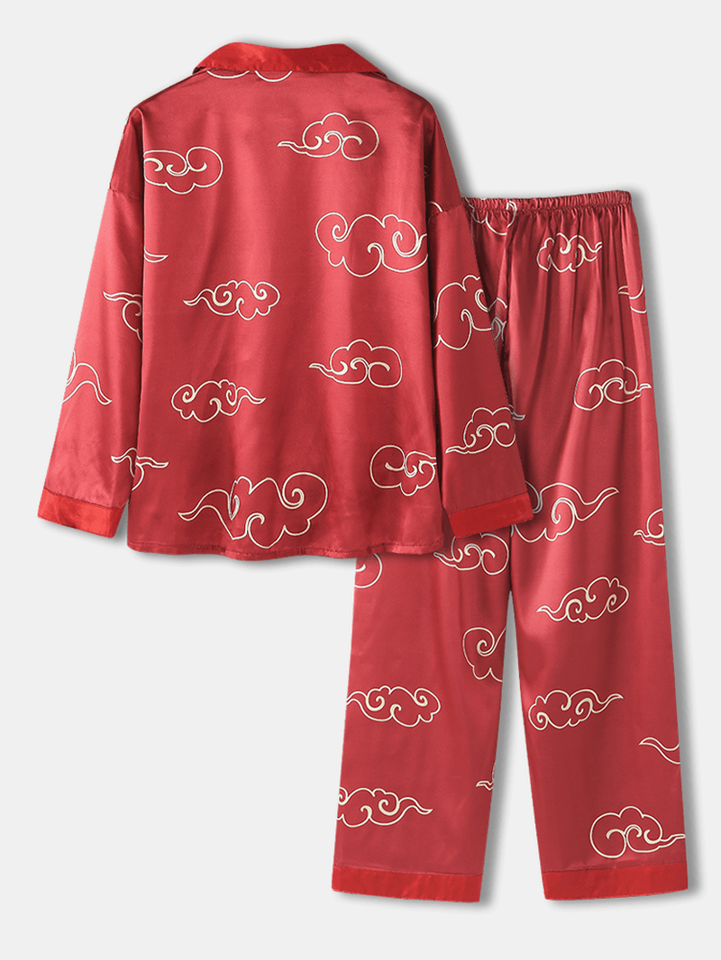 Women Chinese Style Cartoon Print Camp Collar Button up Long Sleeve Loose Pants Home Pajama Set - MRSLM