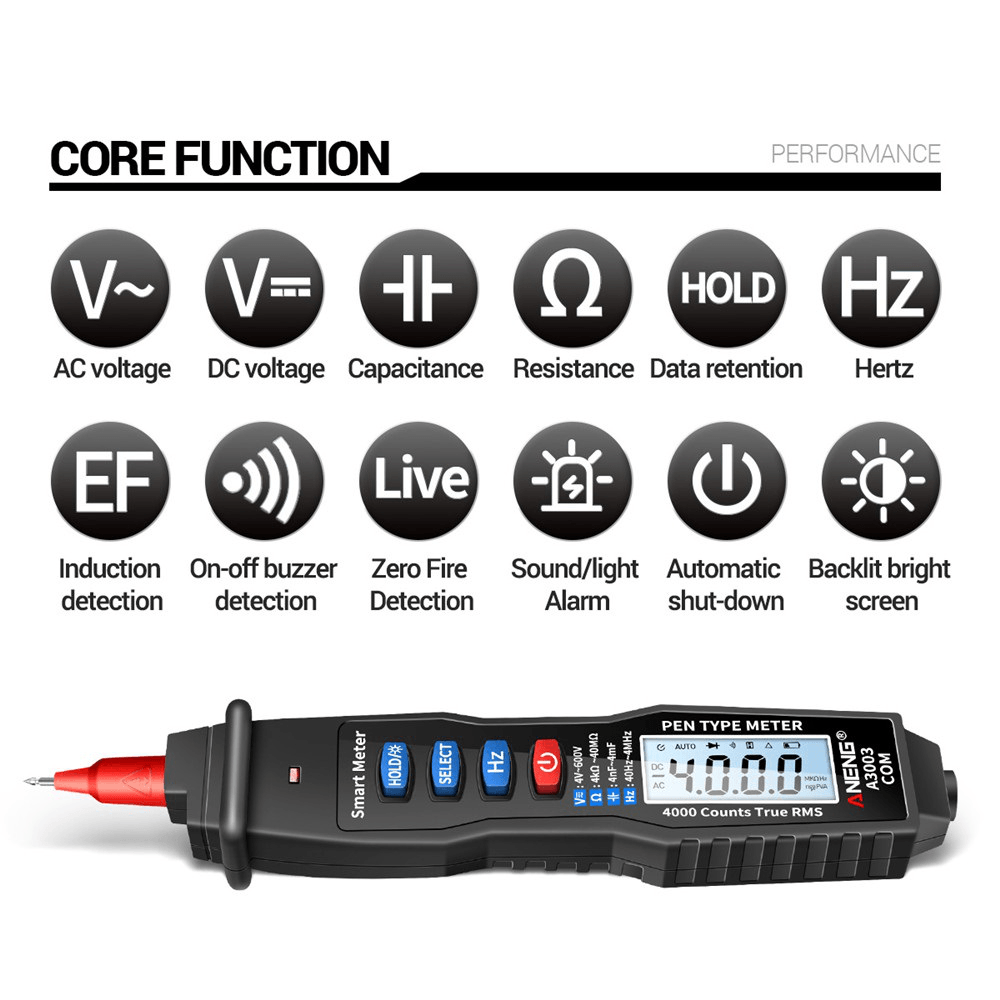 ANENG A3003 Digital Pen Multimeter Professional 4000 Counts Smart Meter with NCV AC/DC Voltage Resistance Capacitance Testers - MRSLM