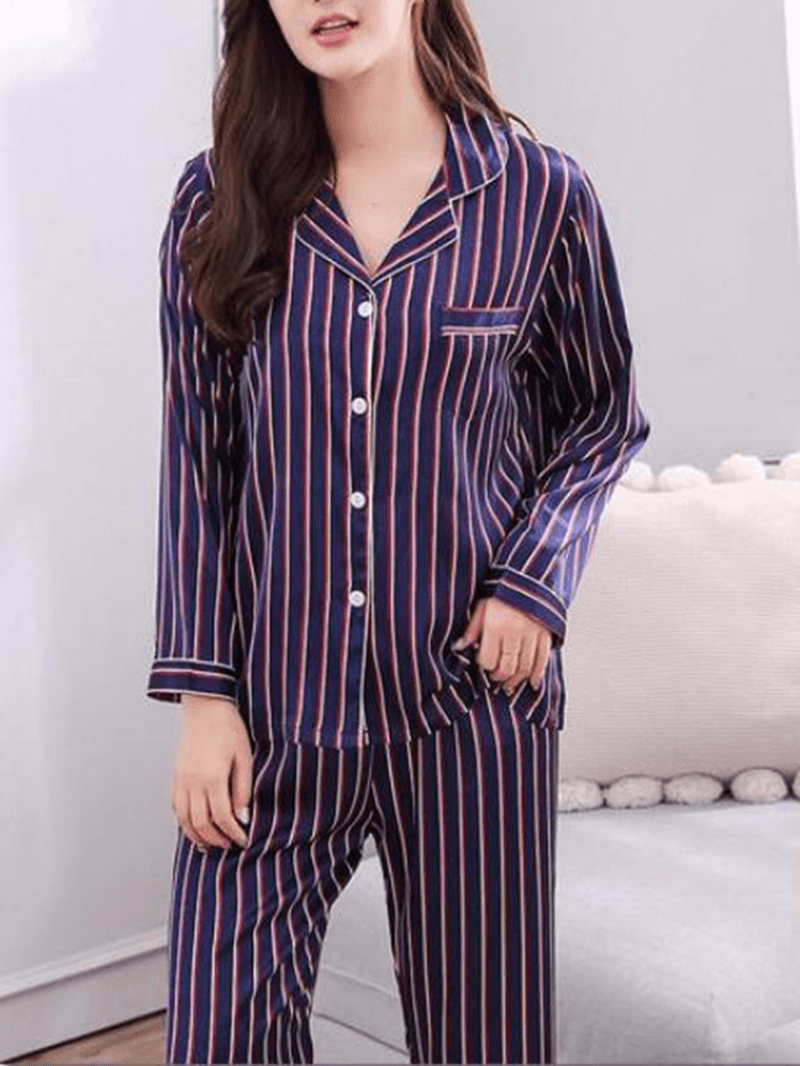 Stripe Camp Collar Pocket Long Sleeve Elastic Waist Faux Silk Home Pajama Sets for Women - MRSLM