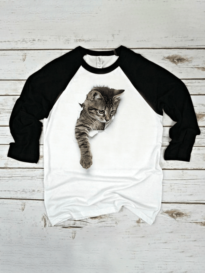 Cute Cat Print Raglan Sleeves O-Neck Casual T-Shirt for Women - MRSLM