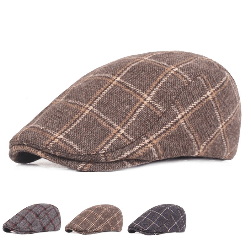 Mens Womens Winter Woolen Plaid Painter Beret Caps Outdor Adjustable Peaked Cap - MRSLM