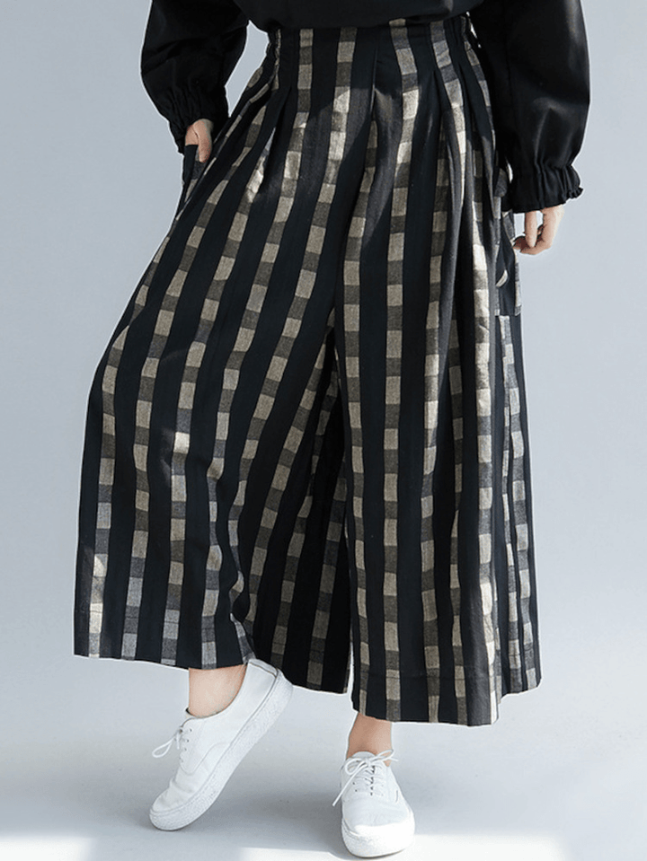 Women Plaid Striped Print plus Size Side Pocket Loose Pants - MRSLM