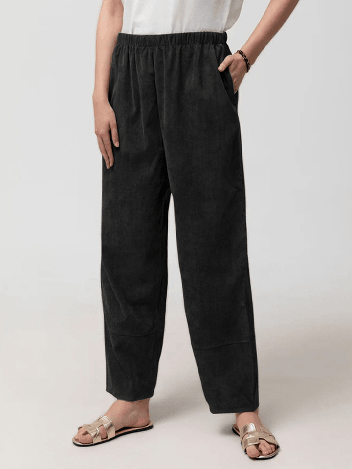 Women Corduroy Solid Color Elastic Waist Harem Pants with Pocket - MRSLM