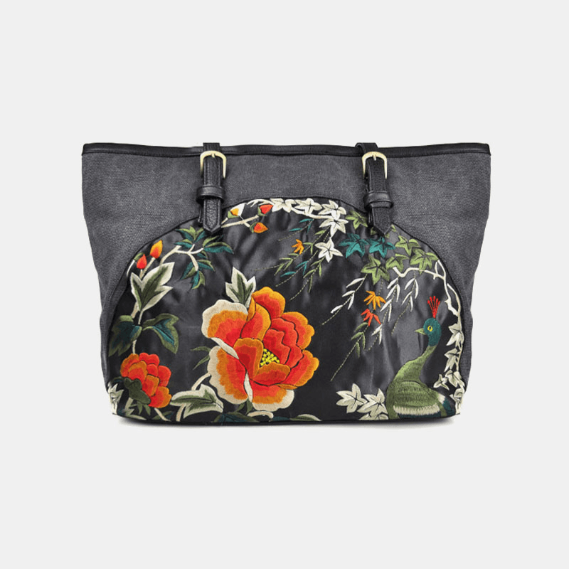 Women Canvas Ethnic Style Embroidered Floral Large Capacity Handbag Shoulder Bag Tote - MRSLM