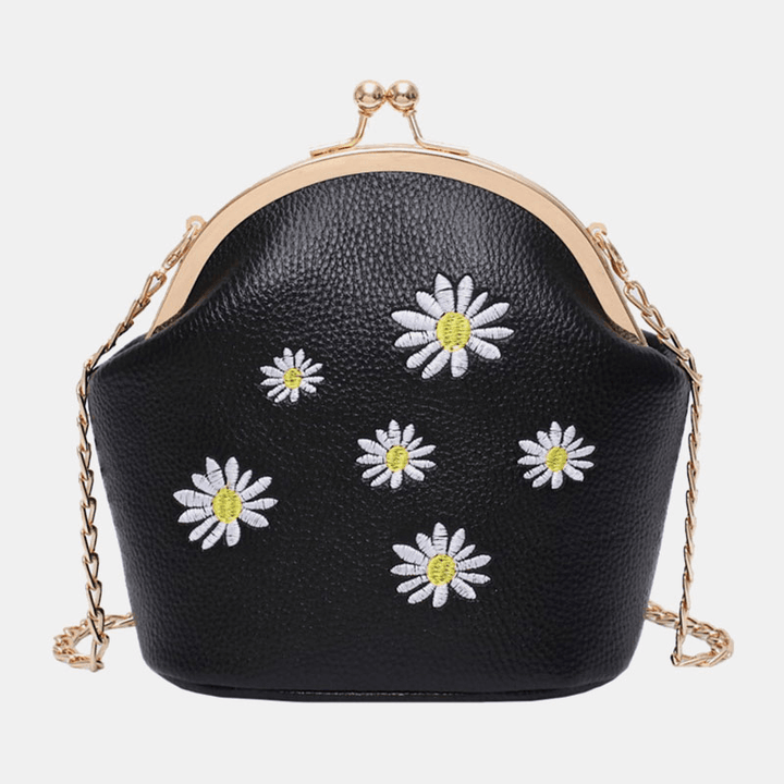 Women Daisy Embroidery Chains Hasp Crossbody Bag Shoulder Bag - MRSLM