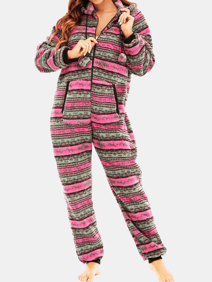 Women Christmas Fleece Striped Home Drawstring Long Sleeve One Sets Hooded Pajamas - MRSLM