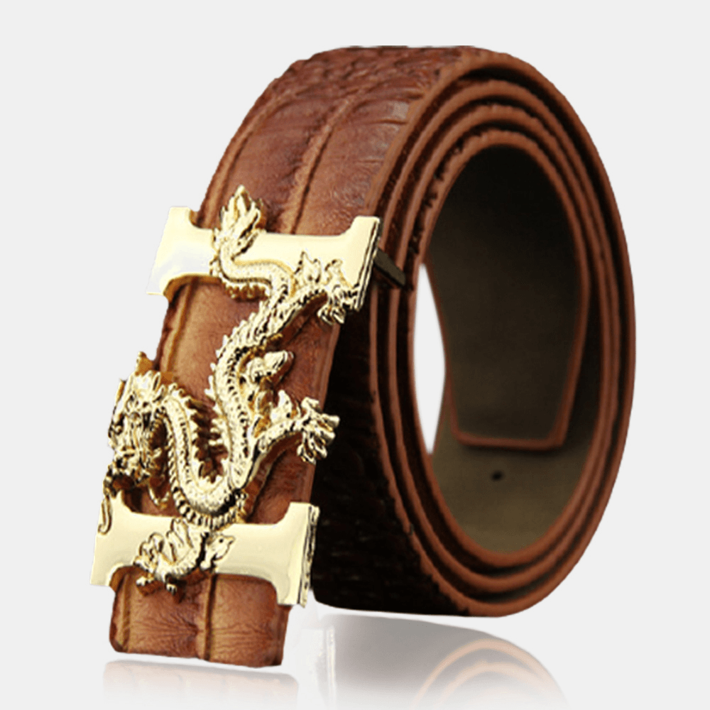 Men Faux Leather 135Cm Fashion Personality Alligator Pattern Gold Dragon Decor Belt - MRSLM