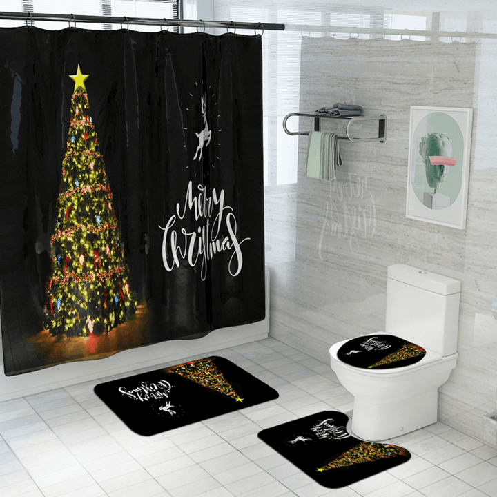 Waterproof Bathroom Shower Curtain Toilet Seat Cover Mat Non-Slip Rug Set - MRSLM