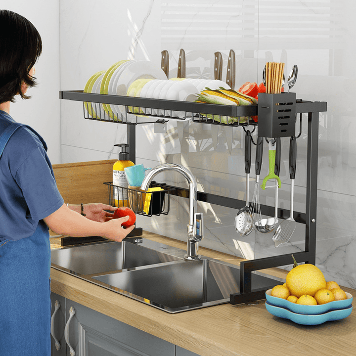 Stainless Kitchen Dish Rack 65/85CM Drainer Cutlery Cup Plates Holder Sink Drip Tray-Single/Double Slot - MRSLM