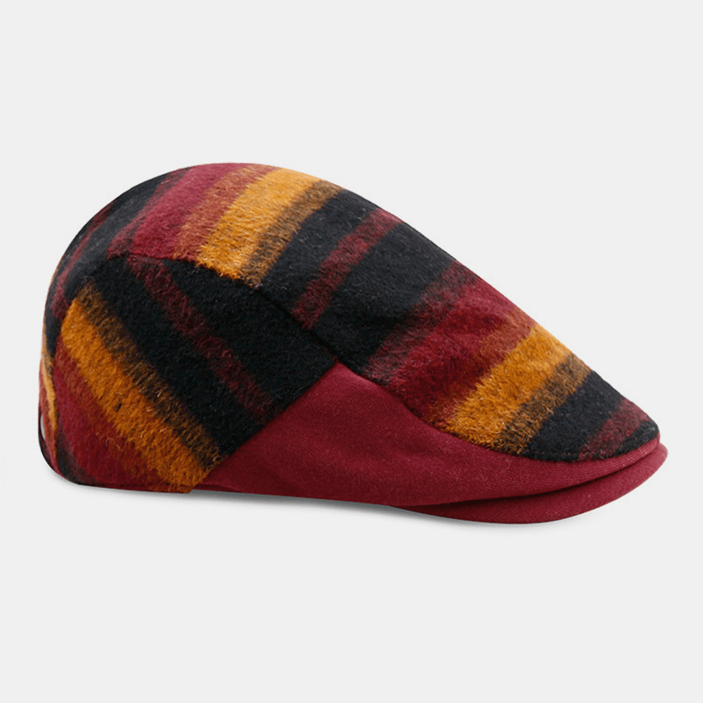 Unisex Woolen Color Matching Striped Beret British Retro Autumn Winter Warm Outdoor Sunshade Painter Hat - MRSLM