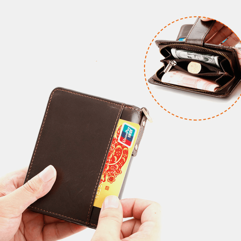 Men Genuine Leather Multi-Card Slot Anti-Theft RFID Card Holder Zipper Chain Wallet - MRSLM