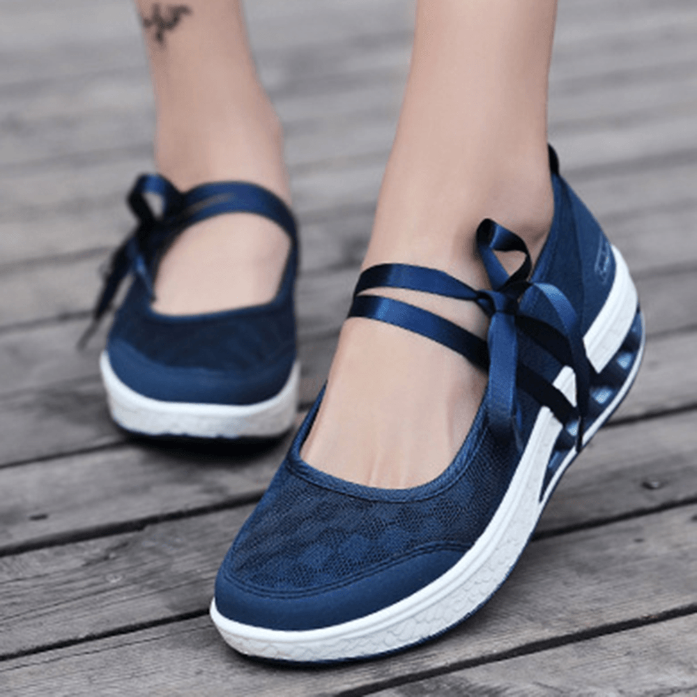 Women Mesh Splicing Sport Casual Lace up Platform Sneakers - MRSLM