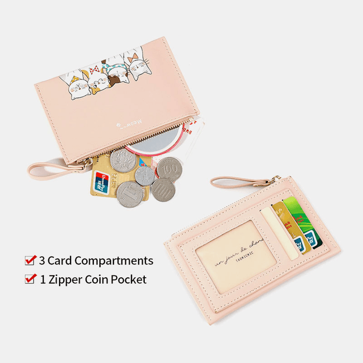 Women Faux Leather Cute Cartoon Cats Printing Ultra-Thin Card Case Coin Bag Wallet - MRSLM