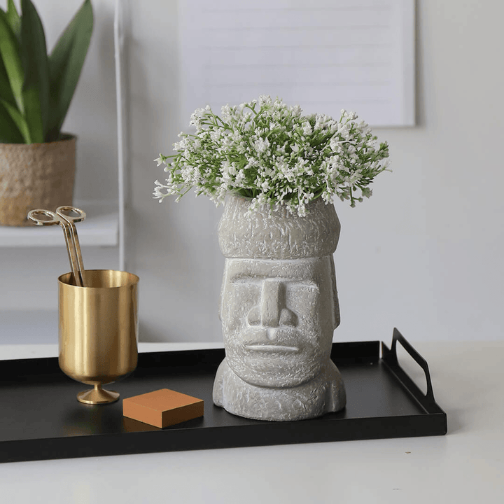 Yuihome Vintage Cement Easter Moai Stone Portrait Organizer Stone Statue Sandstone Flower Pot Pen Holder Desktop Container Decor - MRSLM