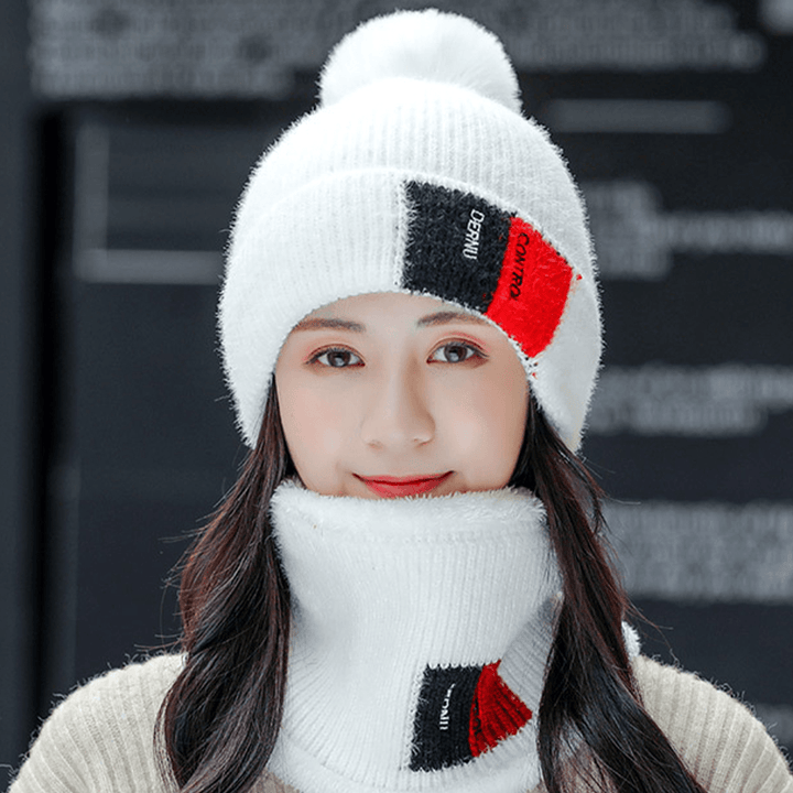 Unisex 2PCS plus Velvet Thicken Warm Windproof Neck Face Protection Riding Knitted Hat Scarf - MRSLM