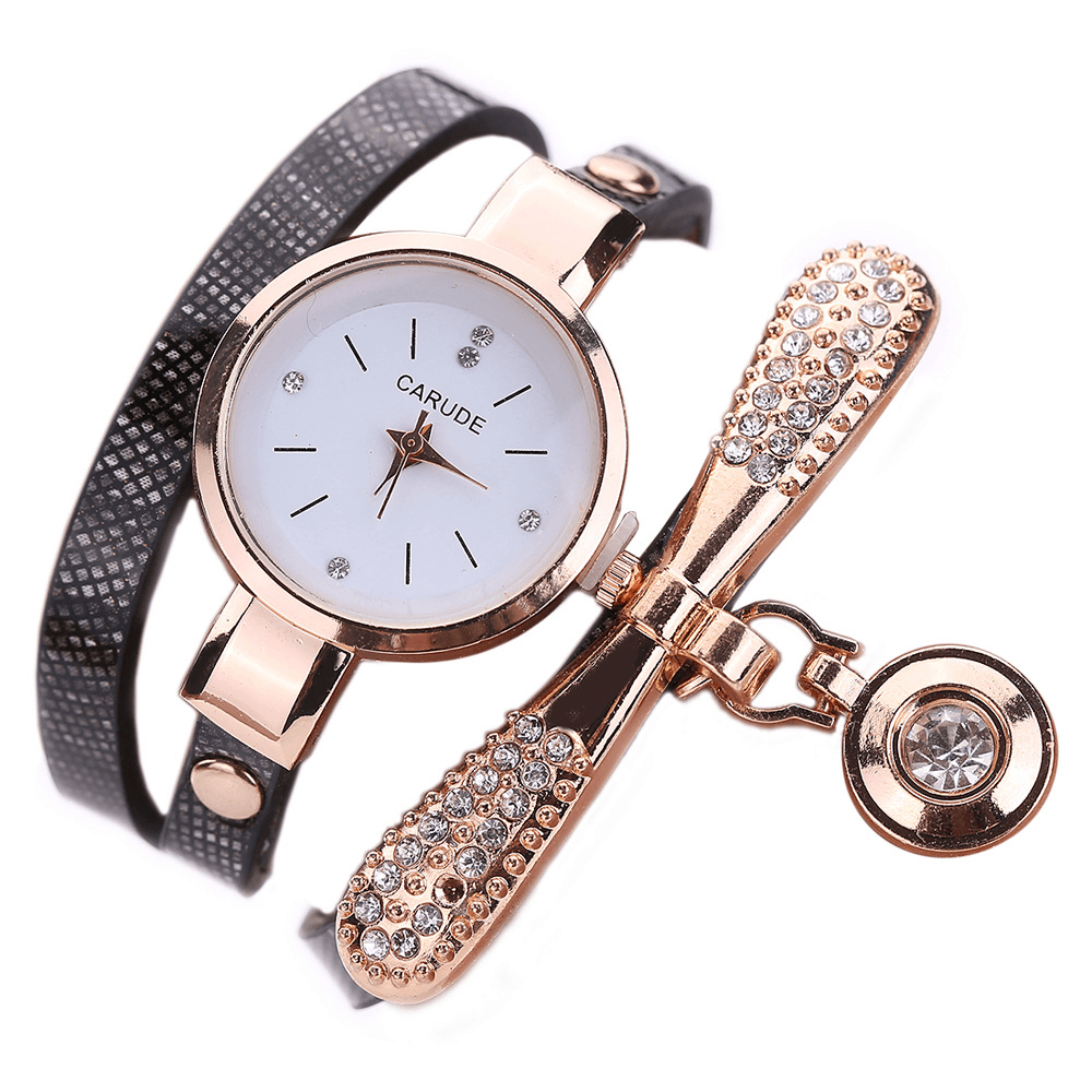 Retro Pu Strap Multi-Layer Lady Watch Metal Geometric Rhinestone Bow Pendant Women Quartz Watch - MRSLM