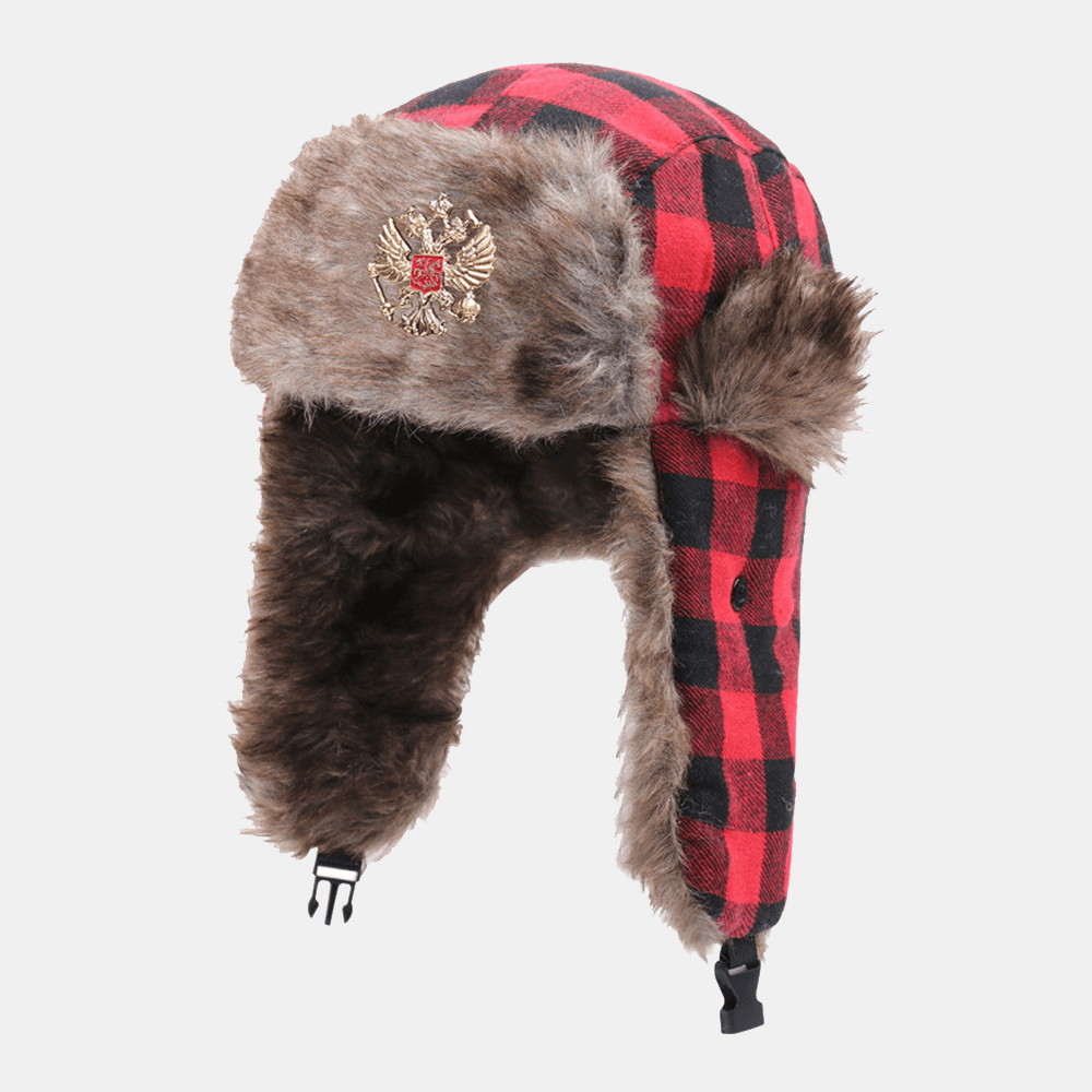 Men Plush Plaid Soviet Badge Windproof Waterproof Ushanka Hat Outdoor Sport Thicken Ear Protection Warm Trapper Hat - MRSLM