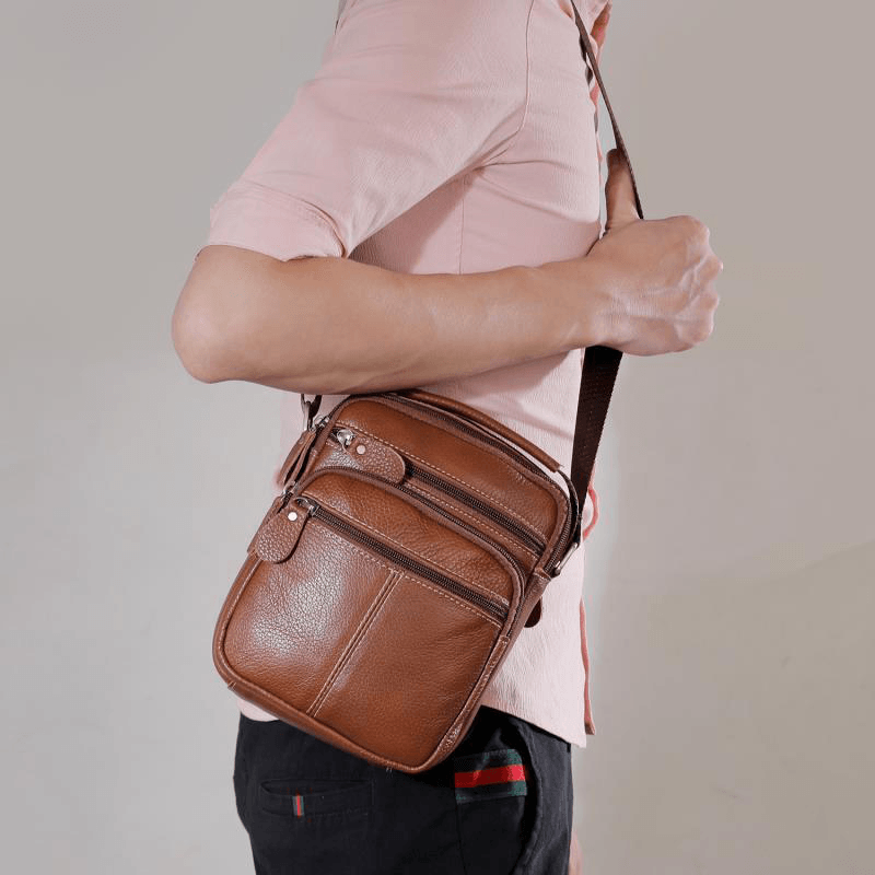 Men Genuine Leather Multi-Pocket Vintage 6.3 Inch Phone Bag Crossbody Bags Shoulder Bag Handbag - MRSLM