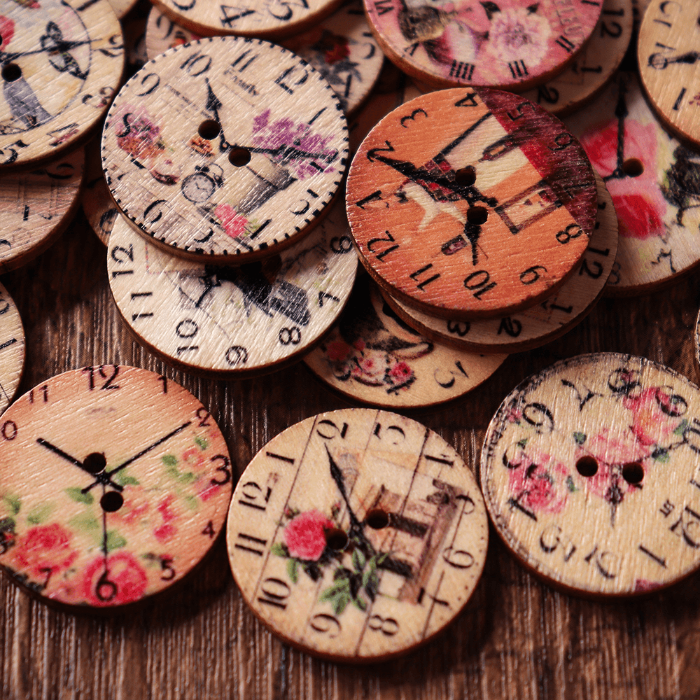 50PCS 25MM 2 Holes Decorative Clock Pattern Log Painted round Shape Fasteners Buttons - MRSLM