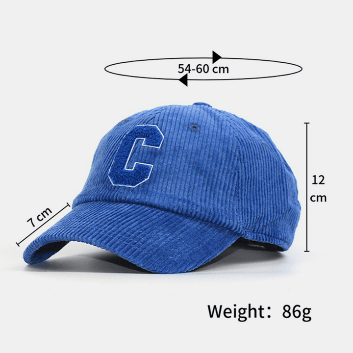 Unisex Corduroy Big C Letter Pattern Embroidery Baseball Cap Autumn Winter Soft Top Curved Brim Stripe Sunshade Hat - MRSLM