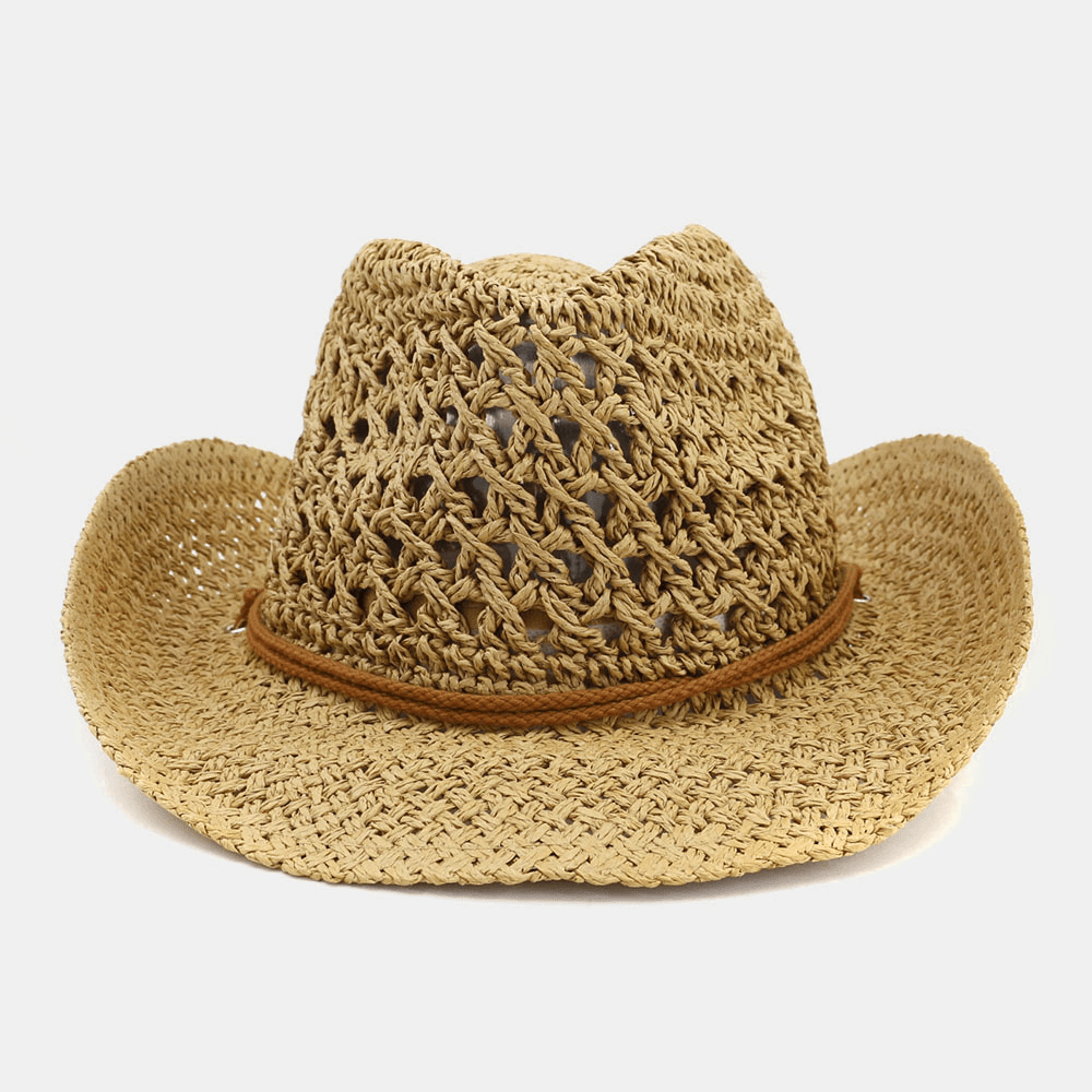 Unisex Handmade Sunscreen Travel Beach Sun Hat Cowboy Style Panama Hat Straw Hat with Adjustable String - MRSLM