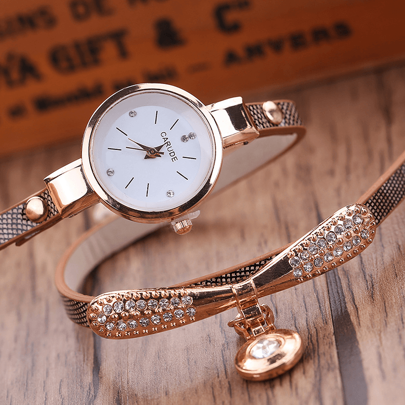 Retro Pu Strap Multi-Layer Lady Watch Metal Geometric Rhinestone Bow Pendant Women Quartz Watch - MRSLM