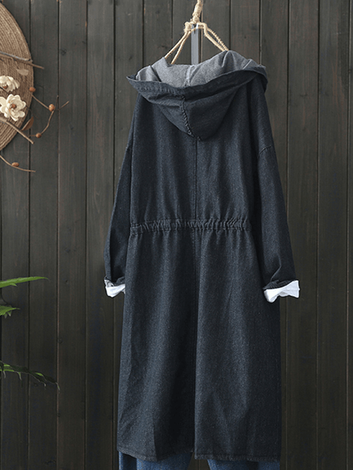 Casual Women Drawstring Long Sleeve Hooded Denim Coats with Pockets - MRSLM