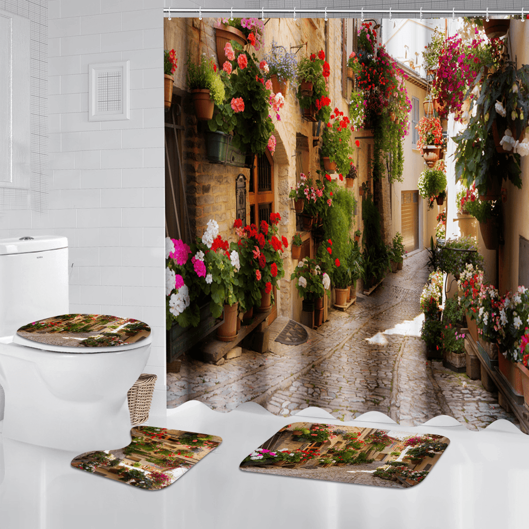 Bath Waterproof Flower Garden Shower Curtain Bathroom Toilet Seat Cover Mat - MRSLM