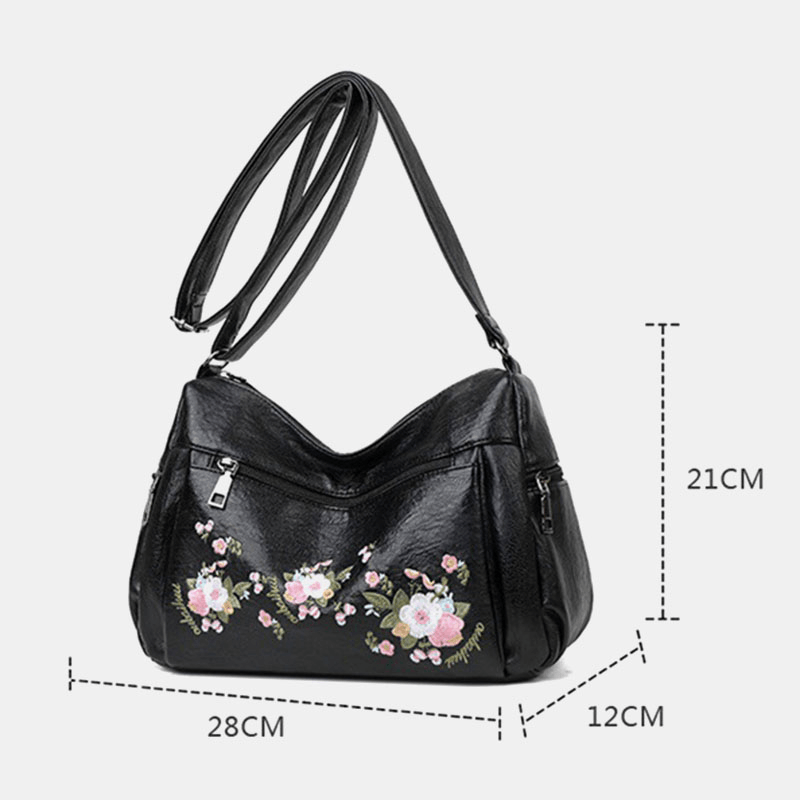 Women Ethnic Flower Embroidered Large Capacoty Crossbody Bag Vintage Texture Hardware Waterproof Breathable Soft Leather Shoulder Bag - MRSLM