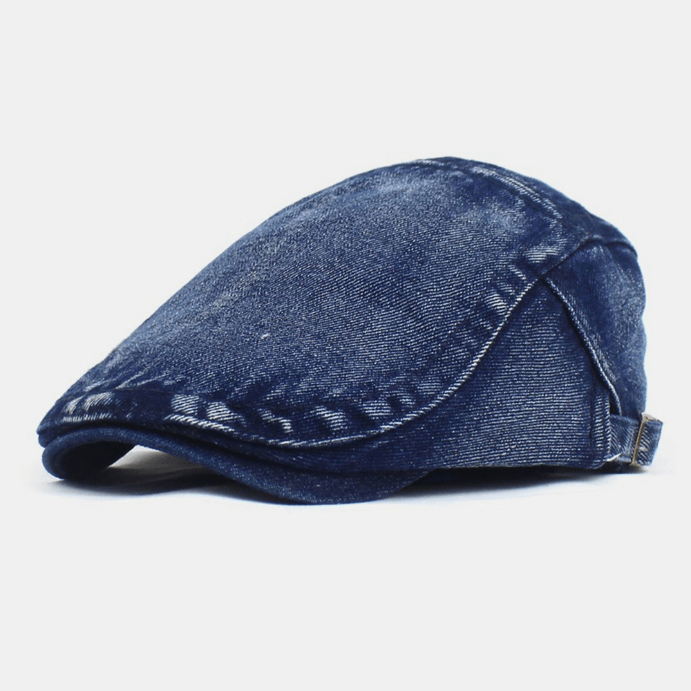 Men Made-Old Denim Solid Retro Casual Sunshade Forward Hat Beret Hat Flat Hat - MRSLM