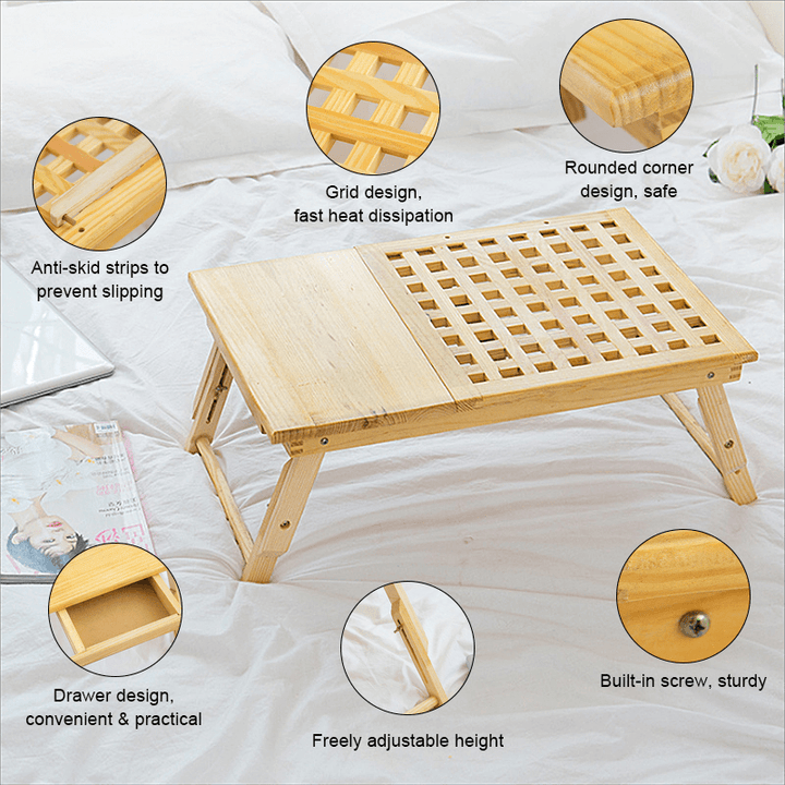 Multi Function Lapdesk Table Bed Tray Folding Adjustable Table Tilting Top with Storage Drawer Bamboo Wood - MRSLM
