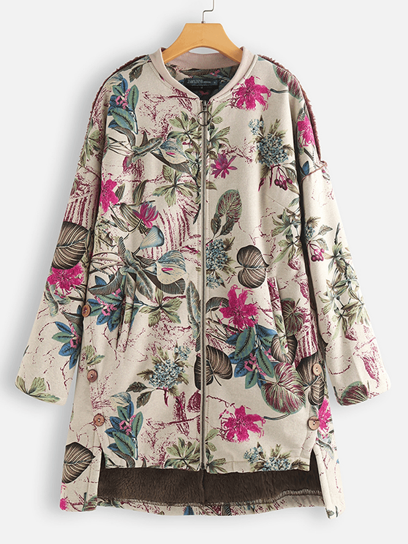 Women Long Sleeve Floral Print Zipper Coats - MRSLM