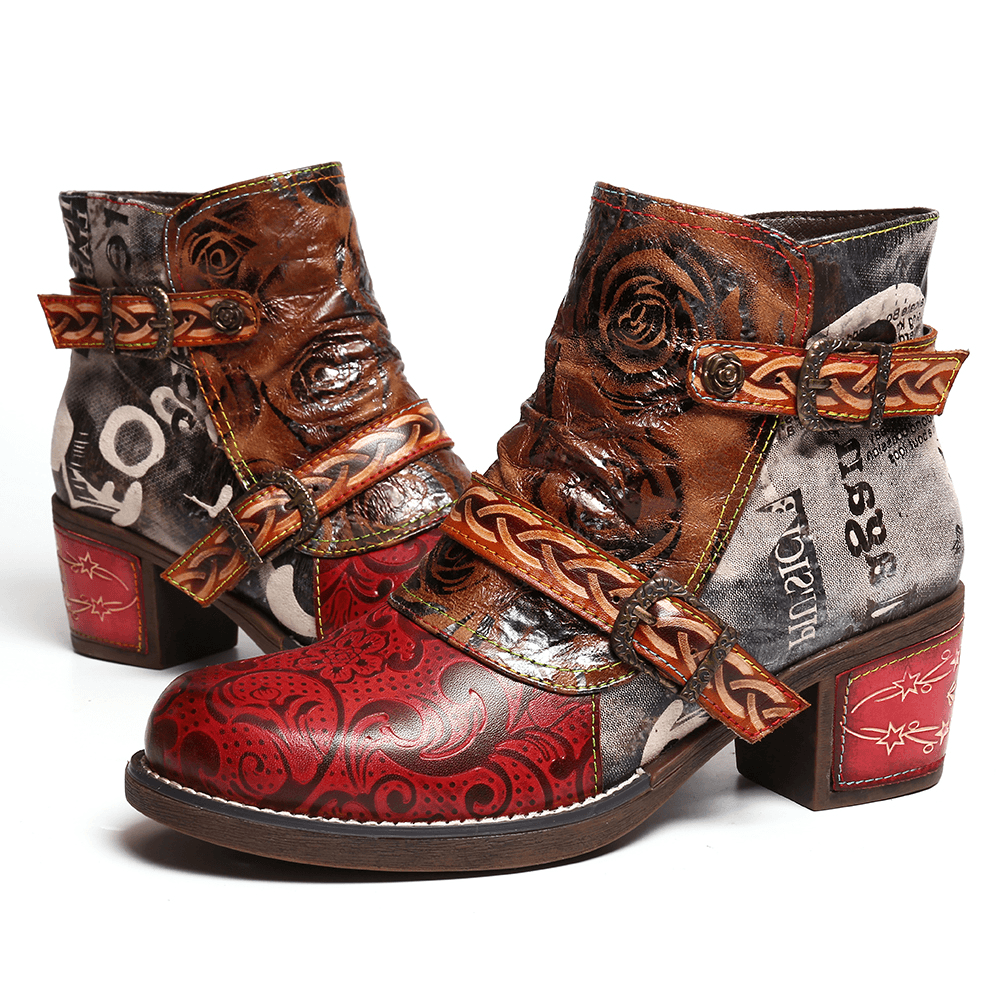 Women Embossed Rose Genuine Leather Splicing Boots - MRSLM