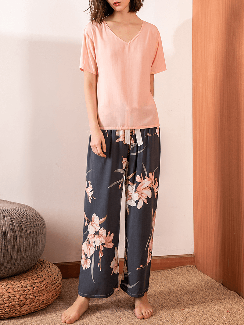 Women Short Sleeve Tops Tropical Floral Print Wide Leg Pants Soft Pajama Set - MRSLM