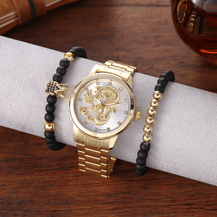 Alloy Stainless Steel Dragon Pattern Men Business Watch Decorated Pointer Quartz Watch Bracelet - MRSLM