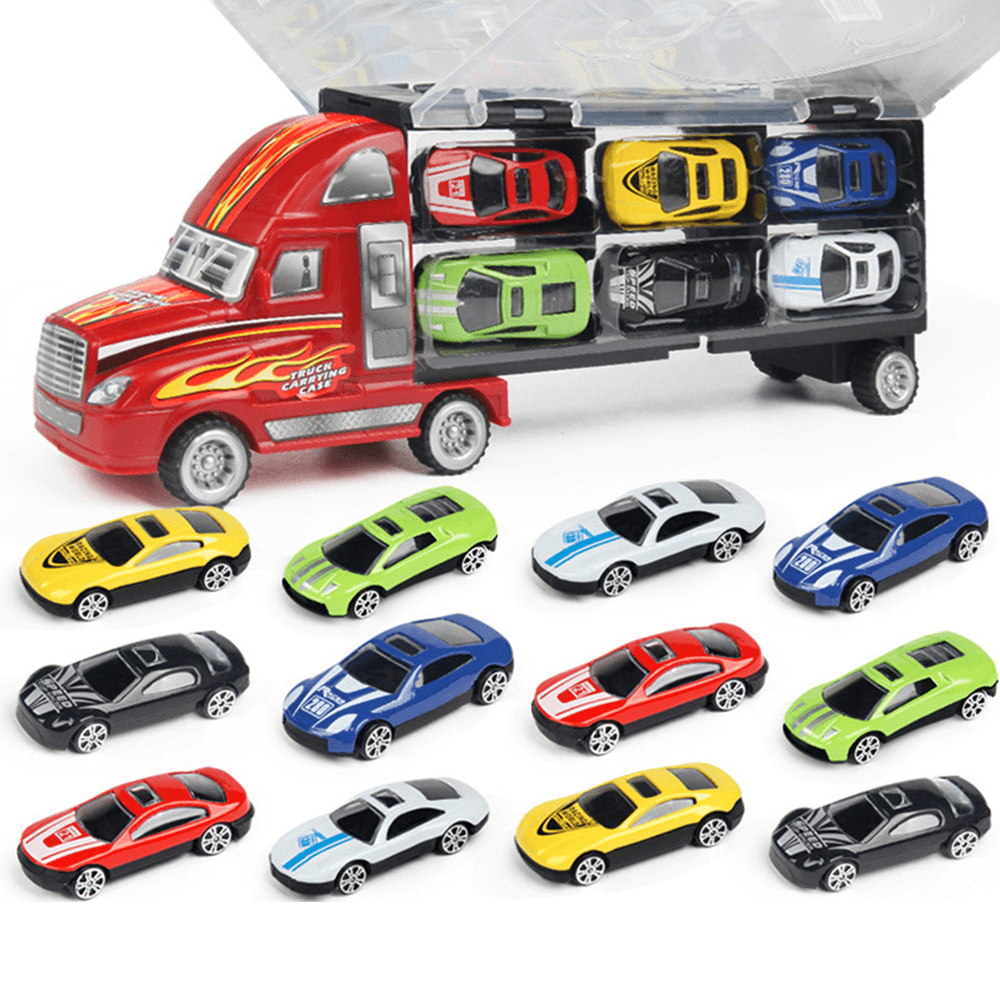 12 Pcs Kid Car Model Set Truck Simulation Track Vehicle Toys Alloy Cars+Cartoon Car+Storage Truck Children Toys Gift - MRSLM