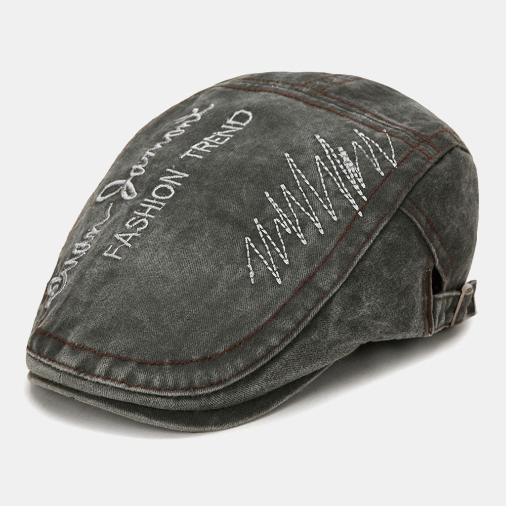 Men Letter Embroidery Distressed Washed Beret Cap Retro Short Brim Casual Suncreen Flat Hat Forward Cap Cabbie Hat - MRSLM