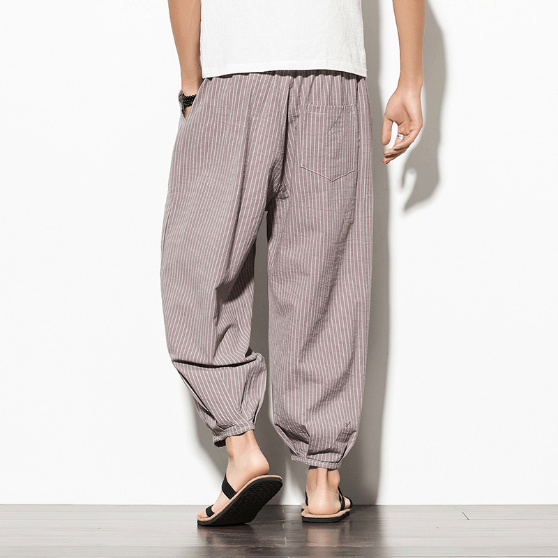 Men Linen Casual Lanterns Carrot Pants Retro Striped Pants - MRSLM