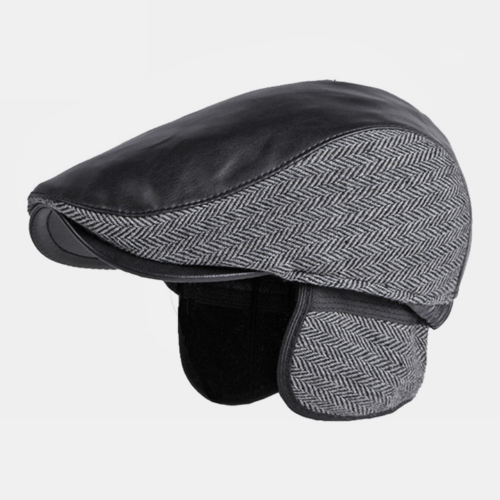 Mens PU Leather Stitching Earflaps Ear Protection Beret Cap Retro Outdoor Cool Protection Warm Forward Hat - MRSLM