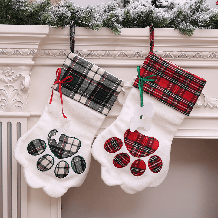 Christmas Socks Red Blue Plaid Dogs Paw Stockings Sacks Hanging New Year Kids Gifts Christmas Party Decorations - MRSLM