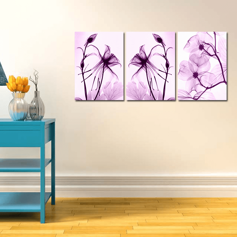 Miico Hand Painted Three Combination Decorative Paintings Botanic Purple Flowers Wall Art for Home Decoration - MRSLM